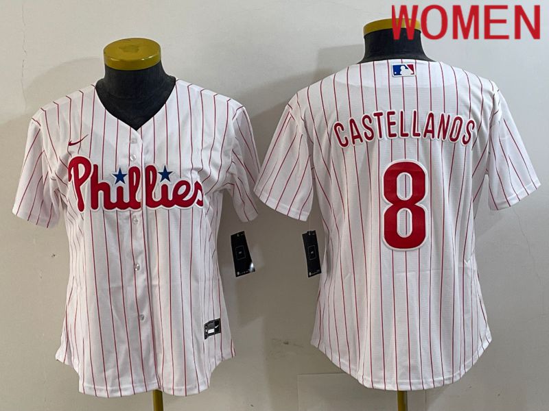 Women Philadelphia Phillies #8 Castellanos White stripe 2024 Nike Game MLB Jersey->women mlb jersey->Women Jersey